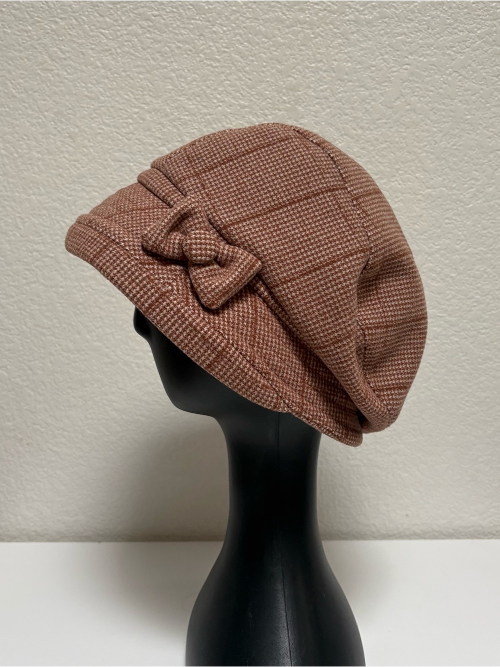 Women's Brown Plaid Cloche Hat with Bow Accent